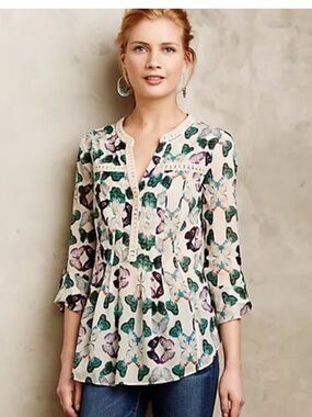 ANTHROPOLOGIE Maeve Abella Pintuck Tunic Blouse 2 19” P2P Cream Multi EUC